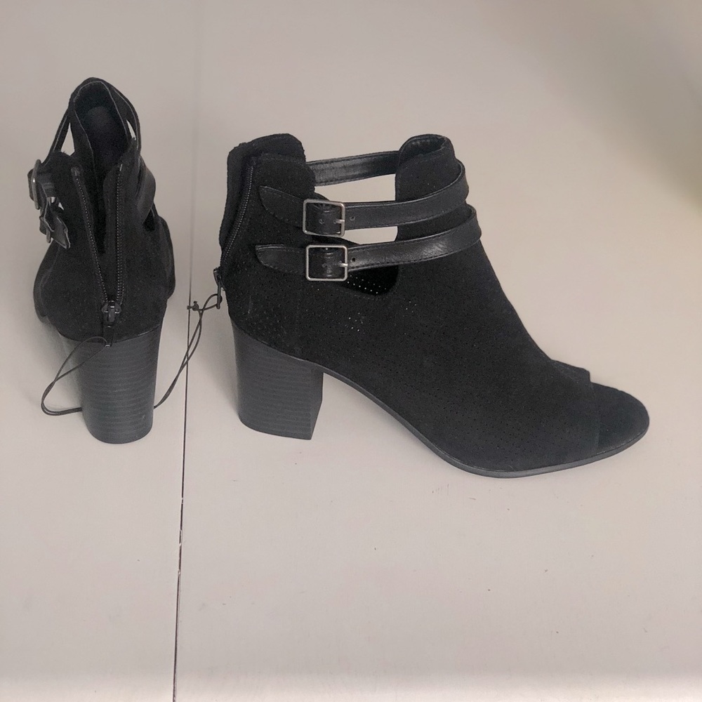 Peep toe booties with buckles